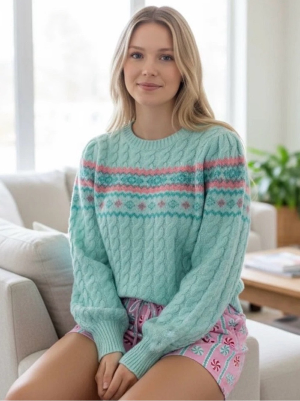 easel Mint Cable Knit Crewneck Sweater